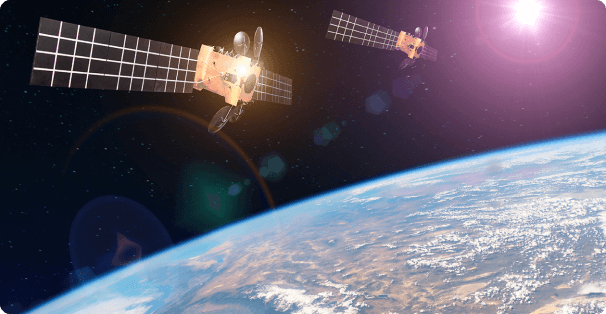 人工衛星が飛ぶ宇宙の情報通信イメージ